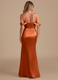 Azazie Asha Bridesmaid Dresses Burnt Orange Sheath Off the Shoulder Metallic Satin Dress image7