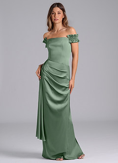 Azazie Kalysia Jurken voor bruidsmeisjes Converteerbaar Jurk van Stretch Satijn met Zeemeermin Off the Shoulder Matcha image1