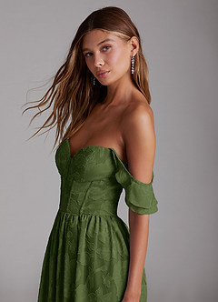 Azazie Denisse Bridesmaid Dresses Olive A-Line Ruched Floral Burnout Dress image5