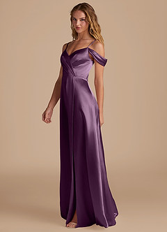 Azazie Ocean Bridesmaid Dresses Plum A-Line Off the Shoulder Metallic Satin Dress image4