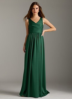 Azazie Keyla Bridesmaid Dresses Dark Green A-Line Pleated Stretch Satin Dress image3