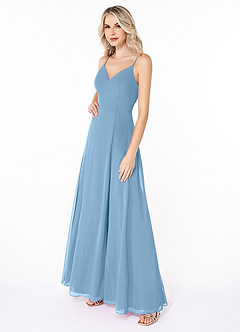Azazie Lena Bridesmaid Dresses Steel Blue A-Line Lace Chiffon Dress image3