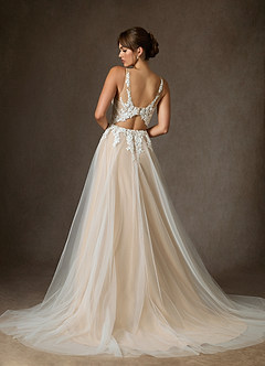 Azazie Goddess Wedding Dresses Diamond White Champagne A-Line V-Neck Sequins Tulle Dress image2