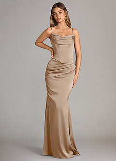 Azazie Sorrel Brautjungfernkleider Wandelbar Meerjungfrau-Linie Schulterfrei Stretch-Satin Kleid Taupe image6