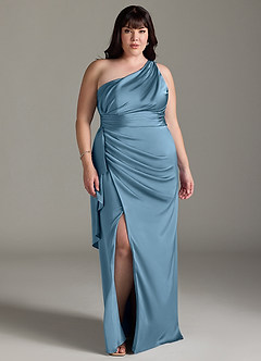 Azazie Maive Final Sale Steel Blue Sheath Ruched Stretch Satin Dress image10