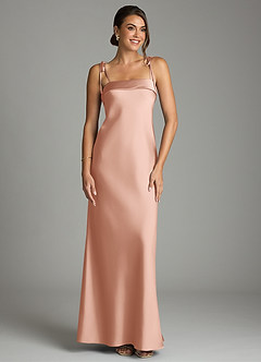 Azazie Ellia Vestidos de damas de honor Vestido de Oro Rosa de Satén Elástico de Corte Recto con Lazo image1