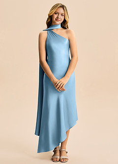 Azazie Briony Junior Etui Plissee Stretch-Satin Kleid Stahlblau image7