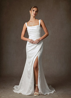 Azazie Tilly Wedding Dresses Diamond White Sheath Off the Shoulder Floral Jacquard Dress image7