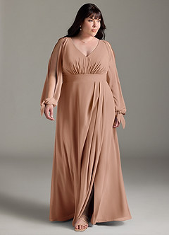 Azazie Matilda Bridesmaid Dresses Champagne Rose A-Line Long Sleeve Chiffon Dress image14