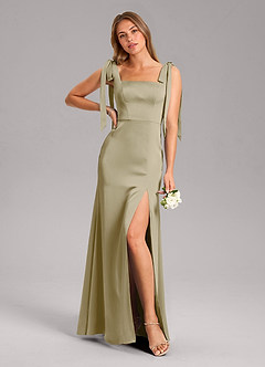 Azazie Frostine Robes de demoiselle d'honneur Robe Trapèze en Satin extensible Arc Vert Mousse image1