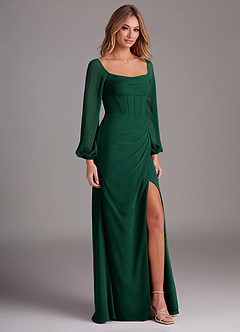 Azazie Charissa Bridesmaid Dresses Emerald Sheath Long Sleeve Chiffon Dress image5