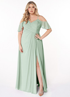 Azazie Dakota Bridesmaid Dresses Agave A-Line V-Neck Pleated Chiffon Dress image6