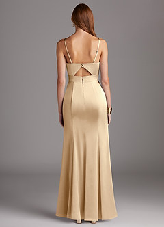 Azazie Shania Bridesmaid Dresses Champagne Sheath V-Neck Pleated Stretch Satin Dress image2