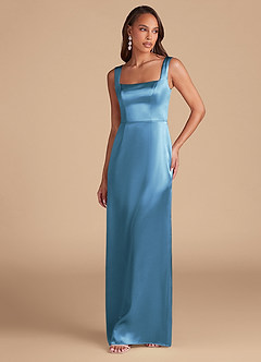 Azazie Flori Robes de demoiselle d'honneur Robe Fourreau en Satiné métallisé Fente Latérale Acier Bleuté image3