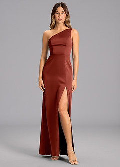 Azazie Phaedra Bridesmaid Dresses Terracotta A-Line One Shoulder Stretch Satin Dress image1