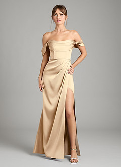 Azazie Johana Bridesmaid Dresses Champagne Mermaid Off the Shoulder Stretch Satin Convertible Dress image1