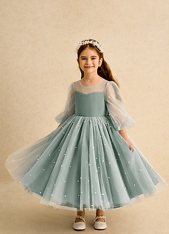Azazie Trudy Blumenmädchenkleider Ballkleid Herzausschnitt Tüll Kleid Eukalyptus image5