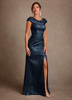 Azazie Irvine vestidos de madre de la novia Vestido de Azul Marino Oscuro de Jacquard Floral de Corte en A con Plisado image4