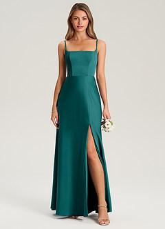 Azazie Lidia Bridesmaid Dresses Peacock Mermaid Side Slit Stretch Satin Dress image4