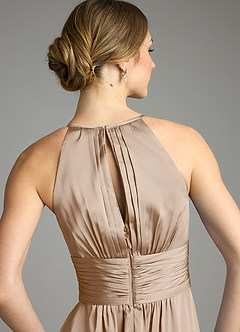 Azazie Bonnie Bridesmaid Dresses Taupe A-Line Pleated Stretch Satin Dress image6