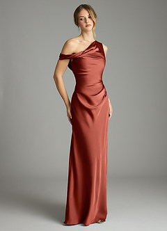 Azazie Emerson Brudtärnklänningar Klä av Sjöjungfru i Stretch Satin Av axeln Terrakotta image5