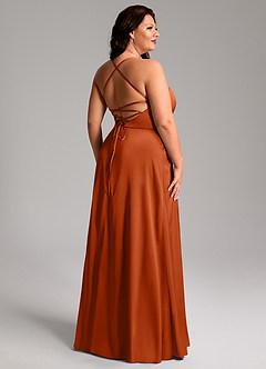 Azazie Mei Bridesmaid Dresses Burnt Orange A-Line V-Neck Stretch Satin Dress image16