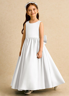 Azazie Nellia Blumenmädchenkleider A-Linie Schleifen Matte Satin Kleid Weiß image3