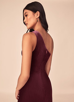 Azazie Argan Bridesmaid Dresses Raspberry A-Line One Shoulder Pleated Velvet Dress image7
