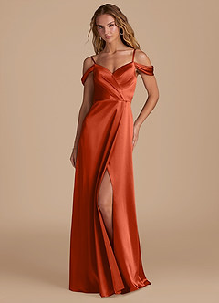 Azazie Ocean Bridesmaid Dresses Paprika A-Line Off the Shoulder Metallic Satin Dress image3