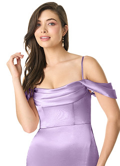 Azazie Liv Bridesmaid Dresses Lilac Sheath Off the Shoulder Metallic Satin Convertible Dress image6