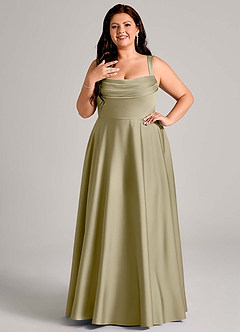 Azazie Shaude Bridesmaid Dresses Moss Green A-Line Pleated Stretch Satin Dress image1