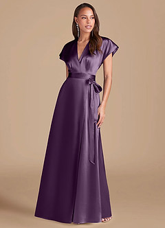 Azazie Nico Bridesmaid Dresses Plum A-Line Pleated Metallic Satin Dress image1