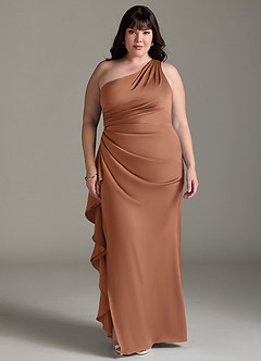 Azazie Latrice Bridesmaid Dresses Bronzer Sheath One Shoulder Cascading Ruffles Stretch Satin Dress image1
