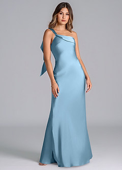 Azazie Driea Vestidos de damas de honor Vestido de Azul Acero de Satén Elástico de Corte Sirena con Hombro unilateral image7