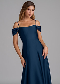 Azazie Seriana Bridesmaid Dresses Dark Navy A-Line Off the Shoulder Stretch Satin Convertible Dress image2