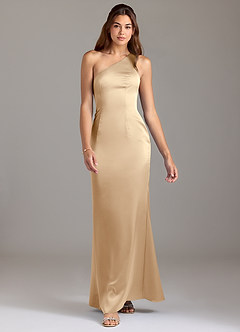 Azazie Arleth Robes de demoiselle d'honneur Robe Trapèze en Satin extensible Ue épaule Champagne image3