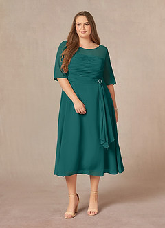 Azazie Naomi Kleider für die Brautmutter A-Linie Bootshals Gefaltet Chiffon Kleid Pfau image12