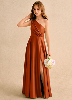 Azazie Puddles Girls Formal Flower Girl Dresses Burnt Orange A-Line One Shoulder Stretch Satin Dress image3