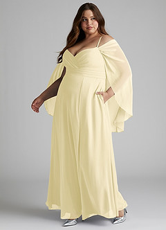 Azazie Cienna Vestidos de damas de honor Vestido de Sorbete De Limón de Gasa de Corte en A con Manga larga image10