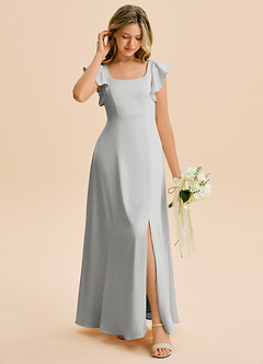 Azazie Bondi Junior Silver A-Line Side Slit Stretch Satin Dress image3