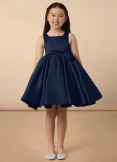 Azazie Bo Peep Flower Girl Dresses Dark Navy A-Line Bow Matte Satin Dress image1