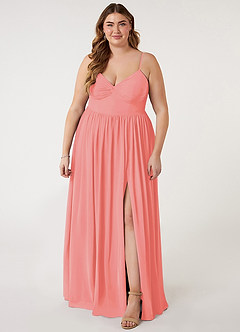 Azazie Zeya Bridesmaid Dresses Coral A-Line V-Neck Pleated Chiffon Dress image6