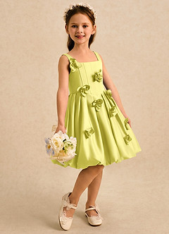 Azazie Lillian vestidos de niña de las flores Vestido Canario de Satin Mate de Vestido de princesa con Plisado image4