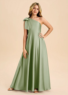 Azazie Penguin Junior Dusty Sage A-Line Bow Stretch Satin Dress image3