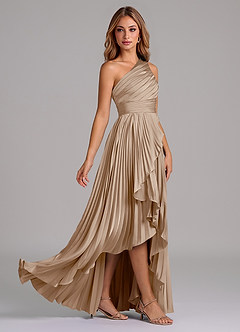 Azazie Lyrica Bridesmaid Dresses Taupe A-Line One Shoulder Stretch Satin Dress image3