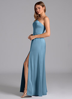 Azazie Trina Final Sale Steel Blue A-Line One Shoulder Stretch Satin Dress image5
