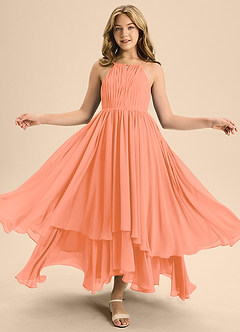 Azazie Elliora Junior A-Linie Plissee Chiffon Kleid Sonnenuntergang image5