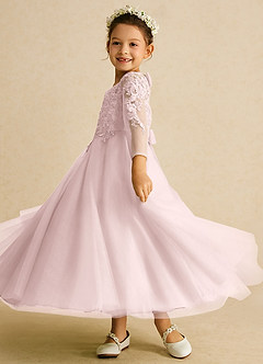 Azazie Precious vestidos de niña de las flores Vestido Rosa Rubor de Tul de Línea A con Encaje image5
