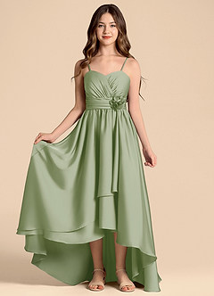 Azazie Catalina Junior Abito A-Line in Raso Elasticizzato Scollo a Cuore Verde Salvia image5