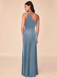 Azazie Argan Bridesmaid Dresses Dusty Blue A-Line One Shoulder Pleated Velvet Dress image5